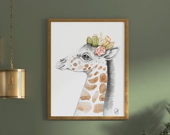 Affiche grand format de girafe / collection jungle / fosterillustrations / giraffe watercolor / animaux jungle / animal with flowers