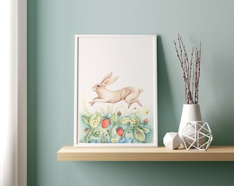 Large format poster Hare and strawberries / fosterillustrations / colorpencildrawing / spring collection / rabbit art / poster to frame