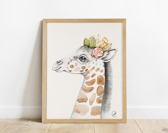Affiche girafe / collection jungle / fosterillustrations / giraffe watercolor / animaux jungle illustration / animal with flowers