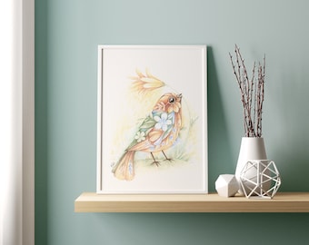 Large format poster The bird in bloom / fosterillustrations / colorpencildrawing / spring collection / bird illustration