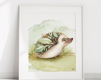 Poster of a hedgehog with leaves / Hedgehog print / Illustration baby hedgehog / fosterillustration / Poster to frame