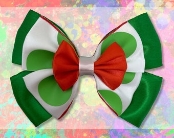 Yoshi Inspired Hair Bow – Green Gamer Hair Accessory, Nintendo Cosplay Clip, Handmade Bow for Fans