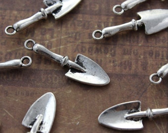 Trowel Shovel Charms Gardening Tools Pendants Antiqued Silver Double Sided 3D 9 x 22 mm