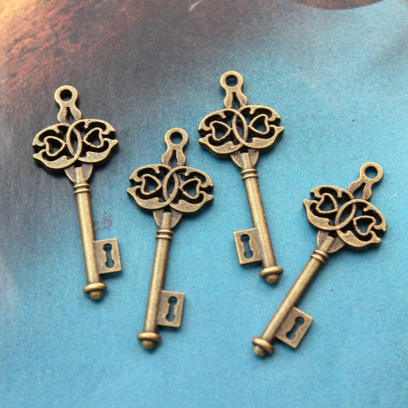 Key Charms Key Pendants Antique Bronze Tone Skeleton keys Double Sided 45 mm1 34 inches