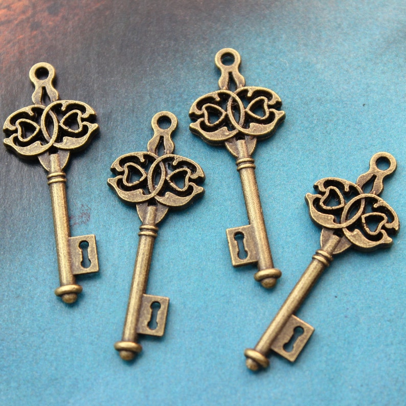 Key Charms Key Pendants Antique Bronze Tone Skeleton keys Double Sided 45 mm1 34 inches