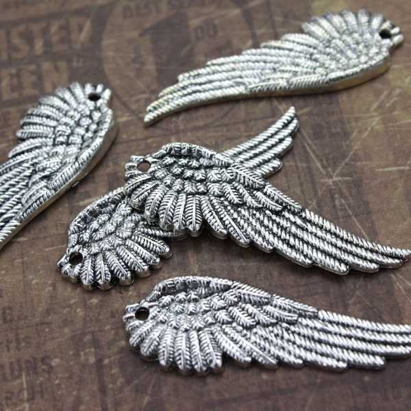 10 Large Angel Wing Charms Bird Wing Pendants Antiqued Silver Tone 17 x51 mm