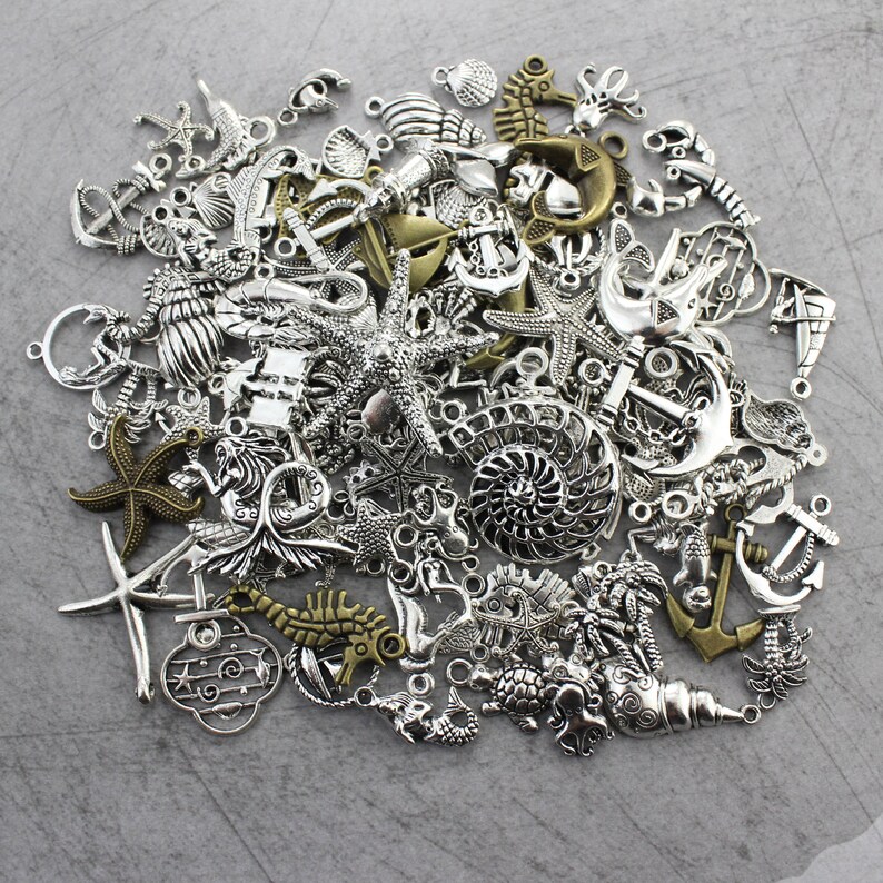 100 Pieces Various Marine Charms Ocean Charms Antiqued Silver Etsy