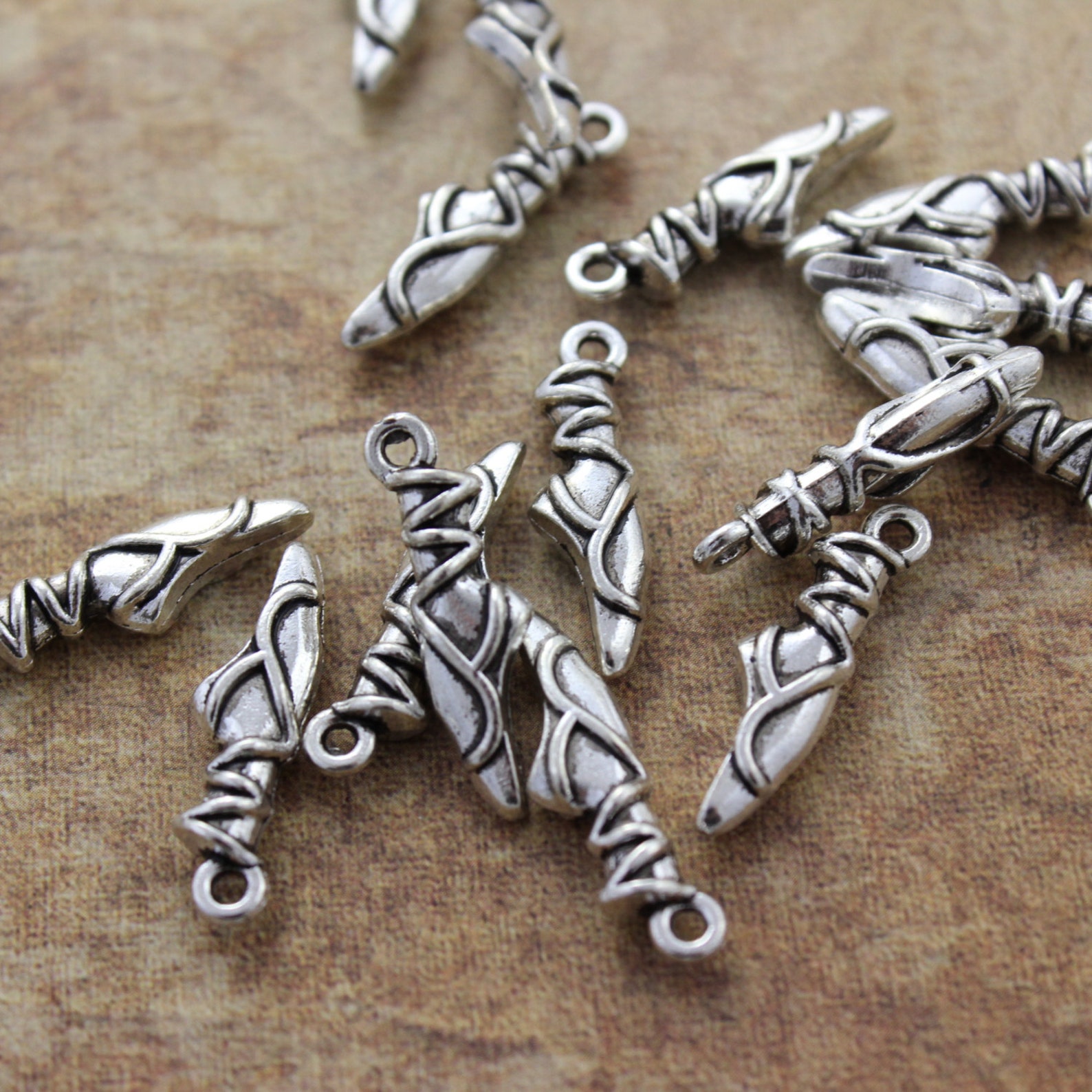 bulk 40 ballet shoes charms ballet shoes pendants antiqued silver tone double sided 3d 7 x 20 mm