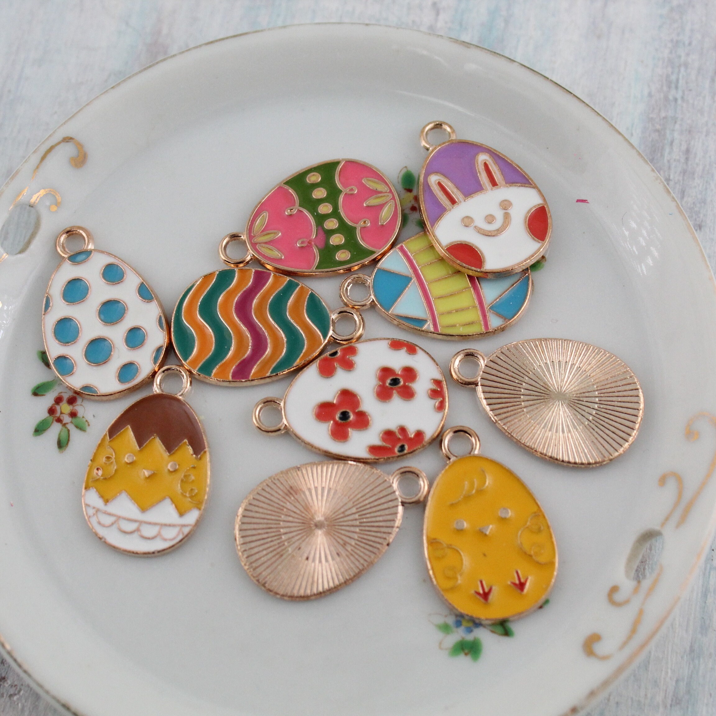 4 Enamel Charms Gold Easter Egg Jewelry Making Assorted Set Mixed Lot