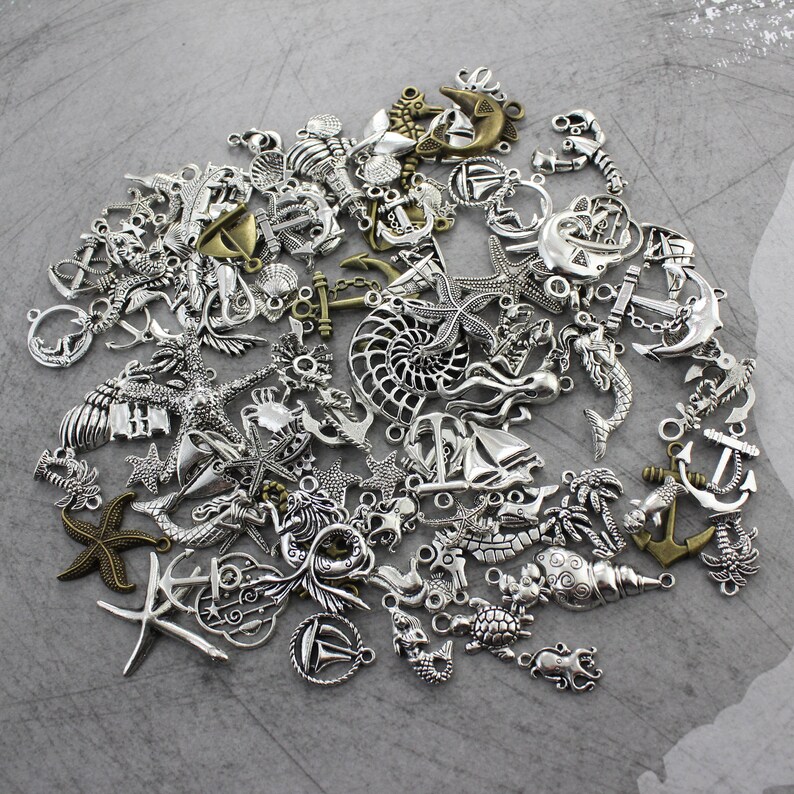 100 Pieces Various Marine Charms Ocean Charms Antiqued Silver Etsy