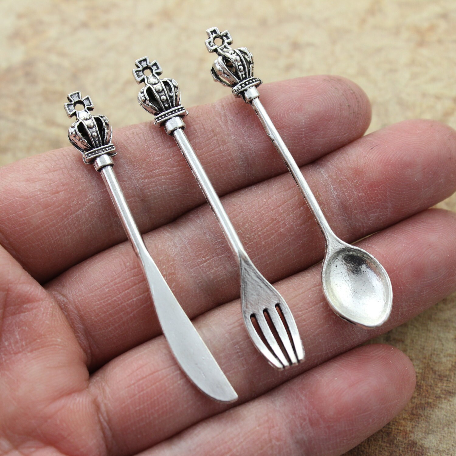 2 Set of 6 Crown Silverware Charms Antiqued Silver Tone 3D 55 Etsy