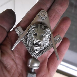 freemasons, lions grip, compass and square,masonic symbol, car hood ornament image 1