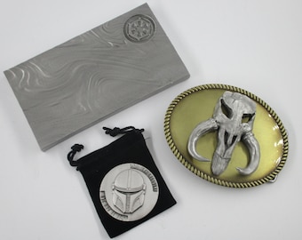 mandalorian  beskar steel set of ingot, coin, and mythosaur buckle star wars