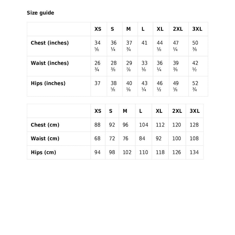 Peut inclure: Tableau des tailles avec des mesures en pouces et en centim&egrave;tres pour la poitrine, la taille et les hanches. Les tailles vont du XS au 3XL.