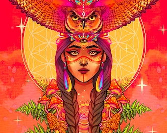 May include: A digital illustration of a woman with a large owl perched on her head. The owl has a colorful crown and the woman has a third eye on her forehead. The woman has long brown hair and is wearing a colorful necklace. The background is a red and orange watercolor wash.