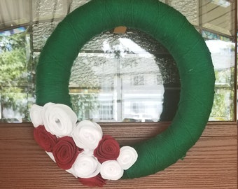 Yarn Wrapped Christmas Wreath with Felt Flowers