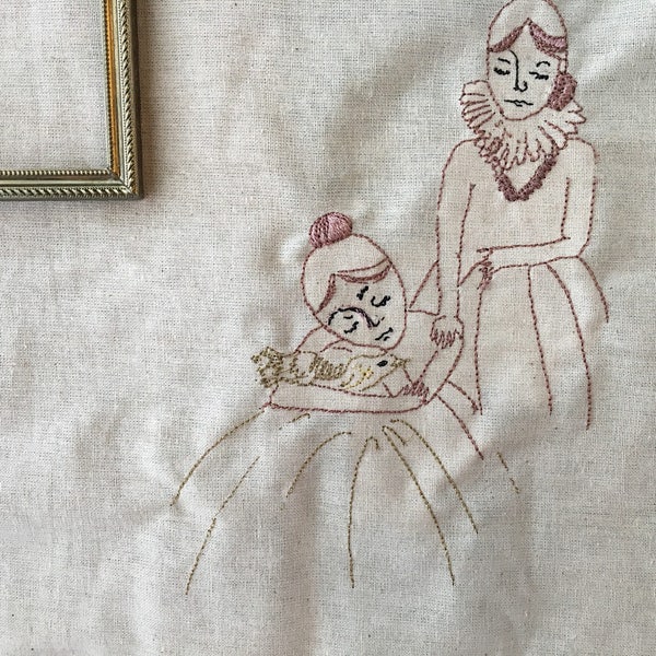 Unframed Machine Embroidery, Girl with bird, Ready to ship