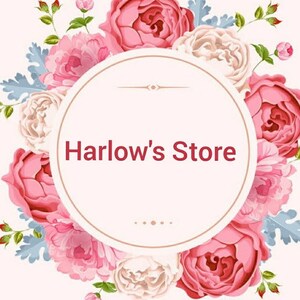 May include: A circular logo with the text "Harlow's Store" in a burgundy color, surrounded by pink and white roses, blue leaves, and green stems. The background is a soft pink.