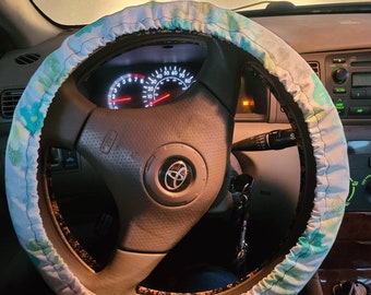 Blue Floral Steering Wheel Cover, 100% Cotton, Washable, Custom Car Accessories