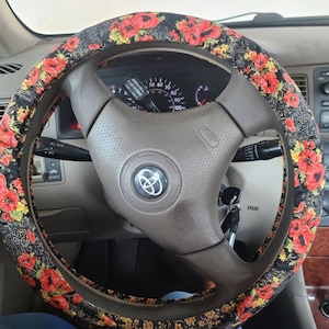 Floral Steering Wheel Cover, 100% Cotton, Washable, Custom Car Accessories