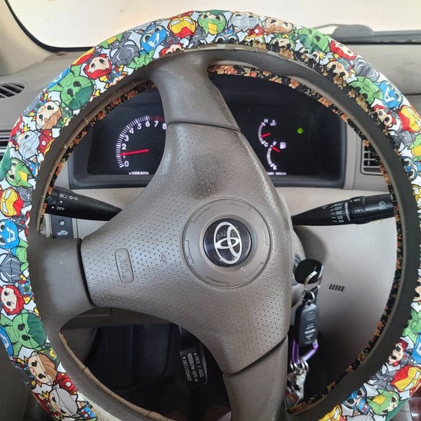 Super Hero Steering Wheel Cover made with Licensed Marvel fabric, 100% Cotton, Washable, Custom Car Accessories