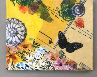 Original Beeswax Collage Art—Butterfly and Floral