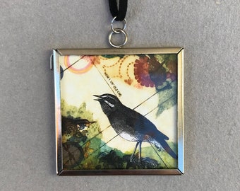 Two-Sided Bird/Flower Glass Pendant Necklace