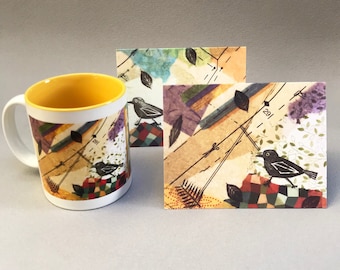 Bird Collage Mug and Matching Stationery Set of 6 Cards