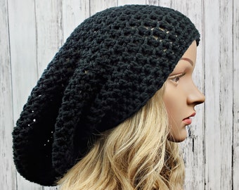 Black Crochet Beanie Slouchy Hat