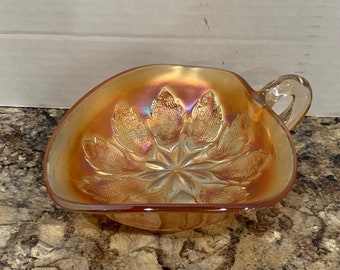 Vintage Carnival Glass Nappy Candy Dish Dugan~ Leaf Ray Pattern, Tri-corner Marigold 1930s