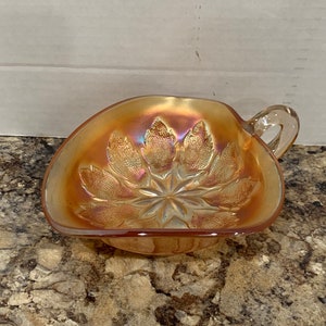 Vintage Carnival Glass Nappy Candy Dish DuganTM Leaf Ray Pattern, Tri-corner Marigold 1930s