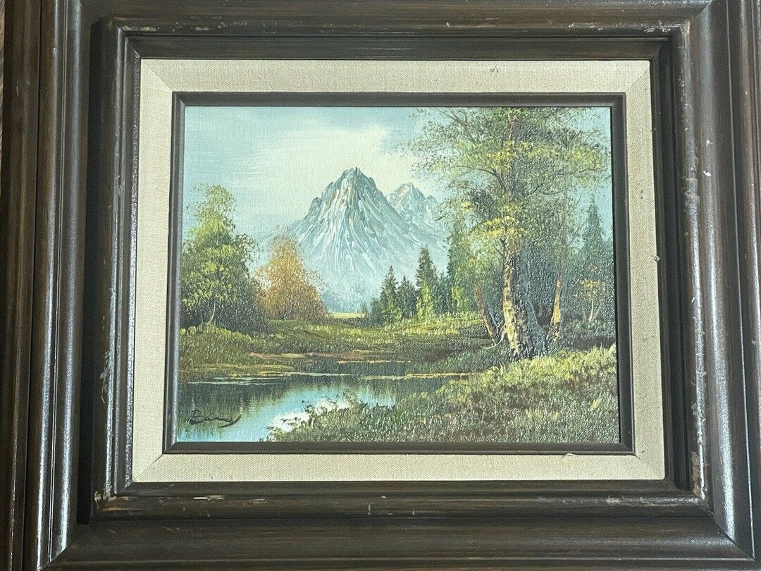 Original Signed Vintage Oil Painting Mountain Landscape Stream Wooden ...