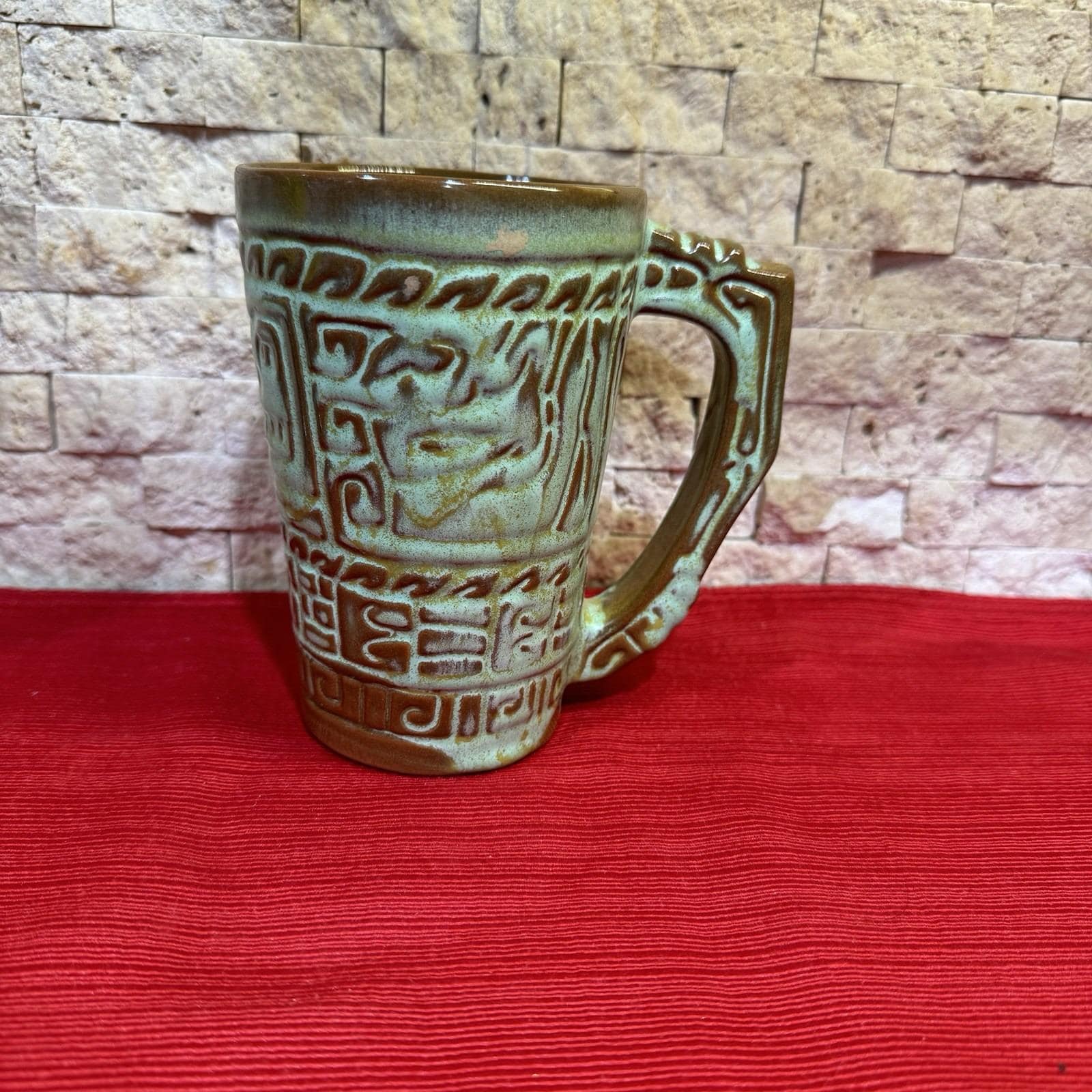 Vintage Mayan Aztec Prairie Green Frankoma Grand Mug 7M Embossed