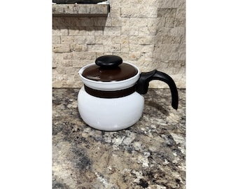 Vintage Corning Ware Teapot 8 Cup White w/ Metal Lid And Band P-168-57