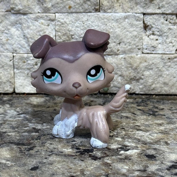 Littlest Pet Shop LPS #1330 cane Collie Tan Beige Brown con occhi verde acqua VTG