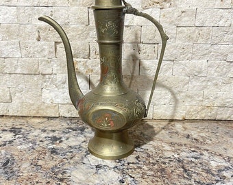 Vintage Brass Teapot Genie Lamp Pitcher Made in India Ornate Etched 9" tall