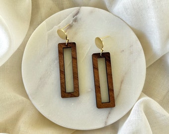 Walnut Open Rectangle Earrings with Gold Plated Post Stud