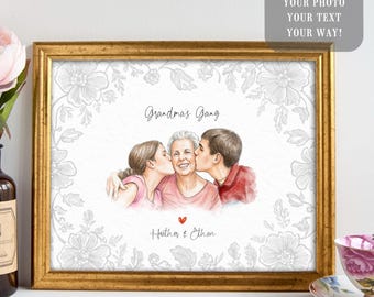 Personalized Nana and Grandchildren Drawing, Custom Grandmother Birthday Gift, Family Photo Art Home Decor