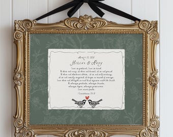 Sage Green Wall Decor, Floral Bible Verse Print, Couples Name Signs, Christian Marriage Scripture Art, Love Never Fails, Birds Family Gift