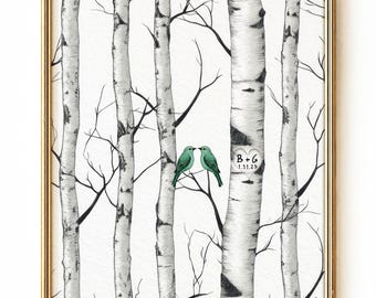 Personalized Birch Tree Wedding Anniversary Print, Love Birds Heart Custom Date, Couples Wall Art