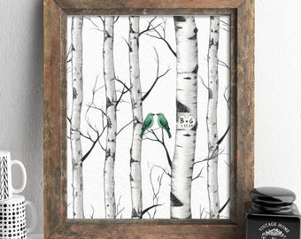 Custom 1st Paper Anniversary Gift Forest of BirchTrees, Love birds,  Love heart with initials 8 x 10