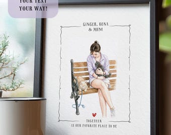 New Dog Owner Gift, Custom Pet and Human Illustration, Cat Mom Pet Portrait Wall Art Decor, Mothers Day Pet Owners ideas