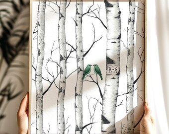 Personalized Initials, Date, Heart on Birch Tree Anniversary Print Gift | Custom Wedding Anniversary Years Married Gift for Wife Husband