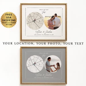 May include: Two framed prints with gold frames. Each print features a map, a photo of a couple, and text. The text includes the names "Alex & Jordan" and the location "Lake Jackson, VA". The top print is on a white background, and the bottom print is on a gray background.