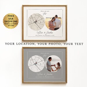 May include: Framed custom map art with a photo and text. The design includes a map, a photo of a couple, and the text "Where she said Yes." The names "Alex & Jordan" and the date are also included. The frame is gold.