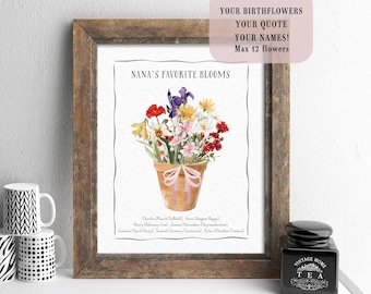 Mother's Day Gift for Grandma | Personalized Birth Flower Print | Custom Family Bouquet Art | Birth Month Flowers with Grandkids Names