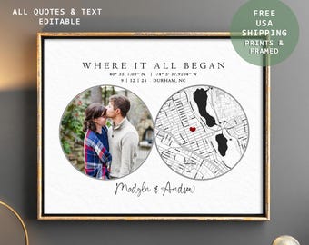 Custom Couple Map Print with photo • Where It All Began • Personalized Photo Map Wall Art • Anniversary Gift for Him or Her