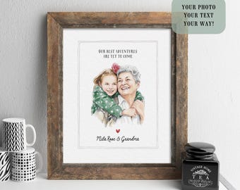 Customized Grandmother Portrait with Quote, Personalized Gigi Gift, Watercolor Grandkids Art, Family Portrait from Photo, Digital Art