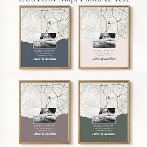 May include: Four framed custom map prints with a photo and text. Each print features a map with a heart-shaped marker, a black and white photo, and text that reads "He asked... she said Yes" and names. The prints have gold frames.