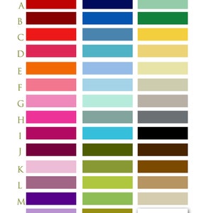 May include: A color chart with 14 rows and 3 columns. The first column has 14 different shades of red, pink, and purple. The second column has 14 different shades of blue, green, and gray. The third column has 14 different shades of green, yellow, and brown.